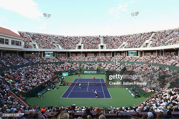 General view of Andy Murray and Colin Fleming of Great Britain in action against Milos Raonic of Canada and John Isner of USA in the doubles during...
