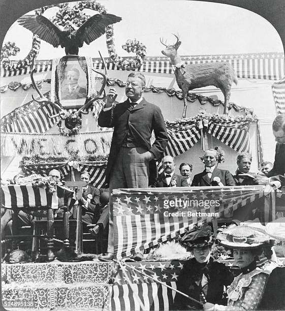 Theodore Roosevelt during election speech in New Castle, Wyoming.