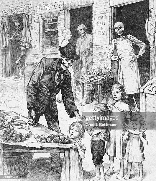 Cartoon from 1884 depicting how bad food helps spread cholera.