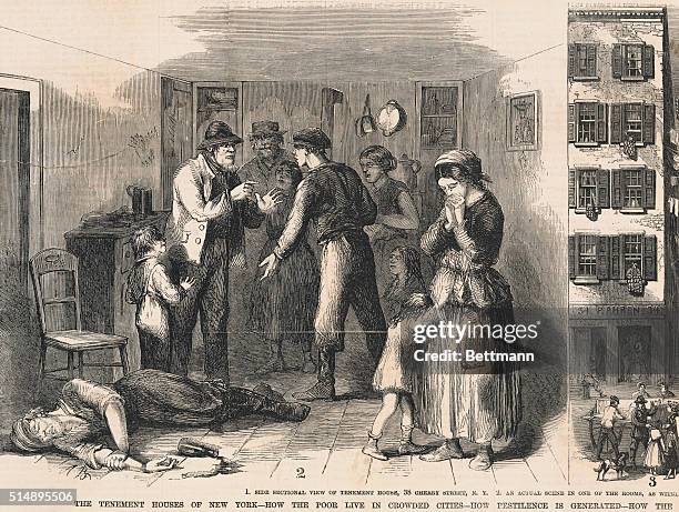 Inside a slum-dwelling of N.Y. Where wretchedness of family with father drunk on the floor is shown.
