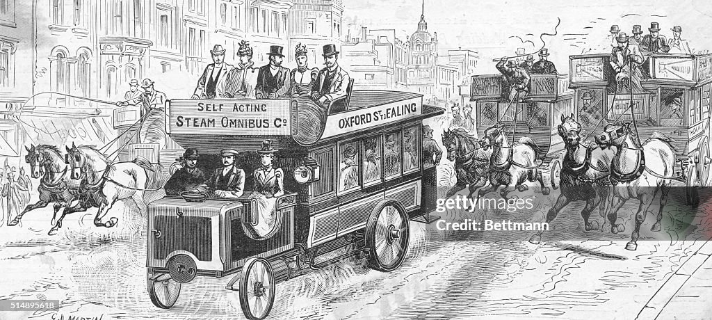 Early Motor Car Followed by Stagecoaches Carrying Passengers
