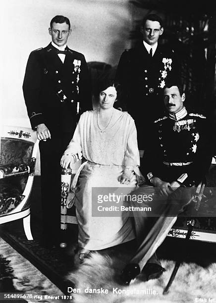 Christian X , King of Denmark , with his wife Queen Alexandrine of Mecklenburg-Schwerin and their two children, Crown Prince Frederik and Prince Knud.