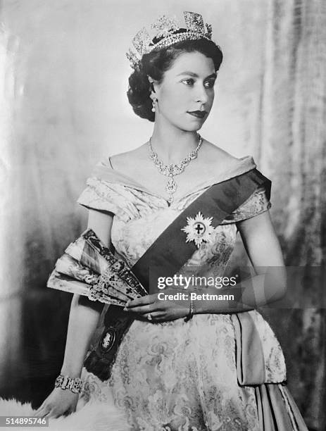 Portrait of Queen Elizabeth II of England wearing tiara and ribbon of the order of the Garder.