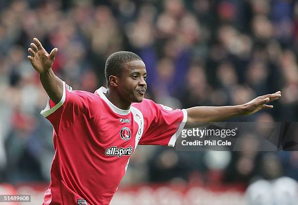 Kevin Lisbie of Charlton scelebrates after he scored against Newcastle during the Barclays Premiership match between Charlton Athletic and Newcastle...