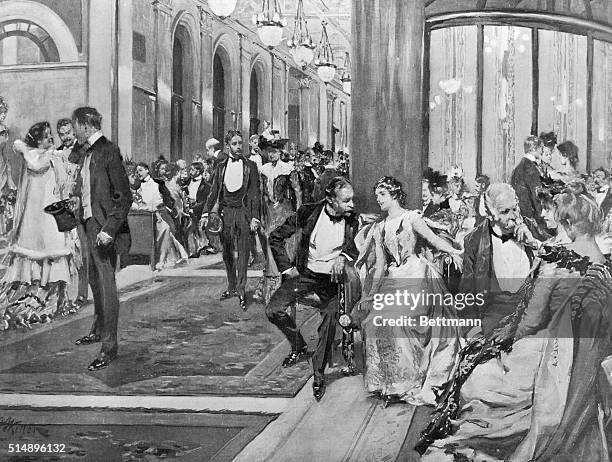 Waldorf-Astoria lobby. Peacock Alley. After dinner crowds in formal attire.