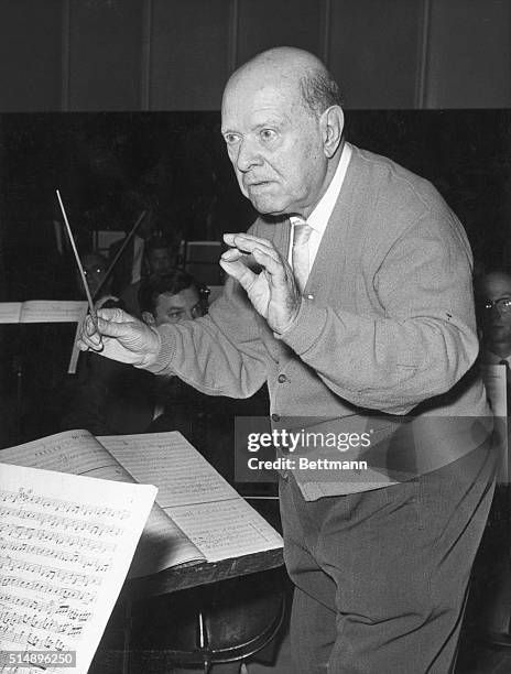 Pablo Casals , noted cellist, rehearsing with the London Philharmonic Orchestra at Royal Festival Hall, London.