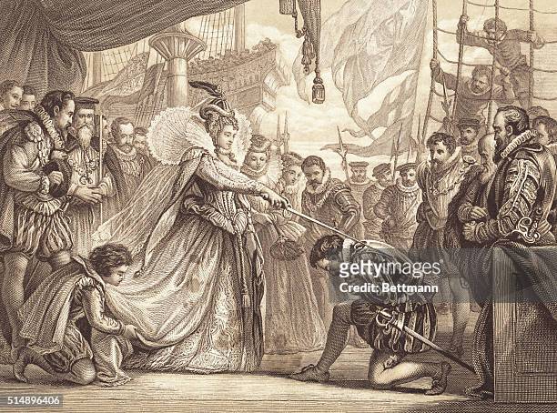 Queen Elizabeth knighting Sir Francis Drake on board the Golden Hind at Deptford, April 4, 1581. Engraving by F. Fraenkel after a drawing by Sir John...