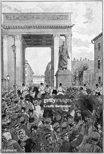 St. Petersburg, Russia-ORIGINAL CAPTION READS: Russian Revolution Police charging into the crowd during the Petersburg upheaval--an unsuccessful...