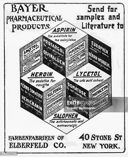 An early Bayer aspirin advertisement showing heroin as one of its main ingredients. Undated illustration. BPA2# 1155.