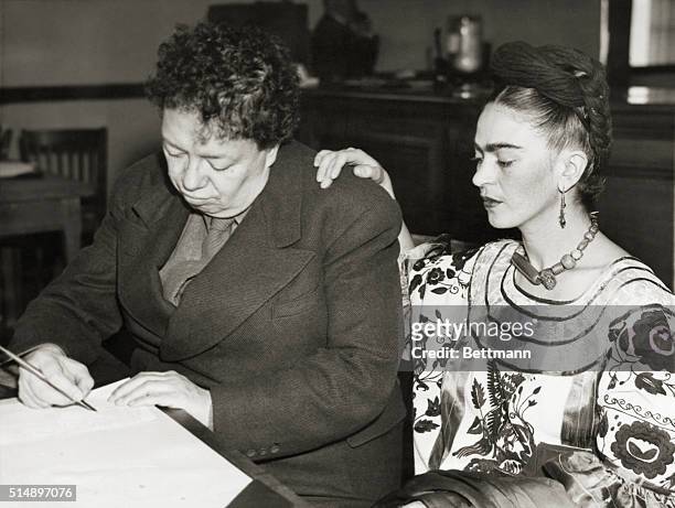 Diego Rivera, noted Mexican muralist, and his former third wife, Frida Kahlo Rivera, shown today as they applied for a marriage license in San...
