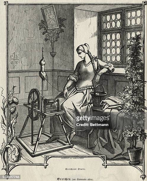Illustration from the Brothers Grimm fairy tale of the farmer and his clever spinster daughter. Illustration shows the daughter seated at her...