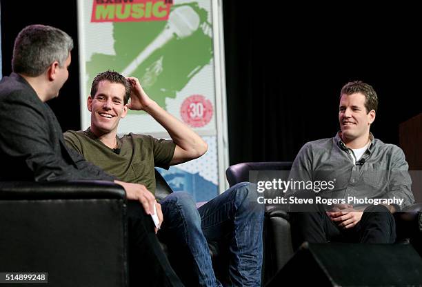 John Biggs of TechCrunch, Cameron Winklevoss and Tyler Winklevoss speak onstage at 'Bitcoin! Let's Cut Through the Noise Already' during the 2016...