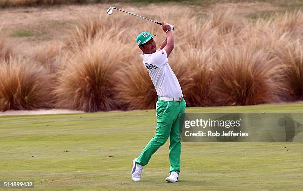 Hideto Tanihara of Japan hits an iron during day three of the 2016 New Zealand Open at The Hills on March 12, 2016 in Queenstown, New Zealand.