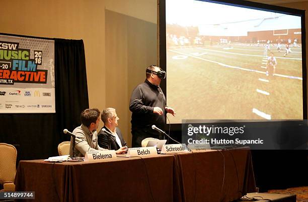 Derek Belch, CEO at STRIVR Labs, Inc., George Schroeder, national college football writer at USA Today and Bret Bielema, University of Arkansas head...