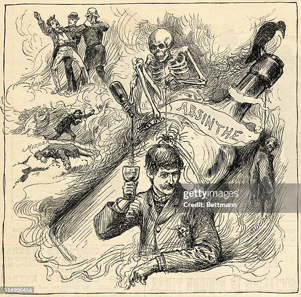 Cartoon depicts insanity, murder and suicide as dangers associated with drinking absinthe.