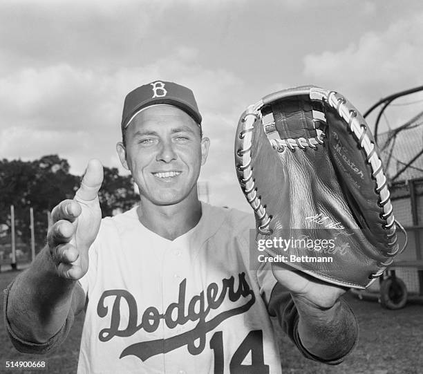 How Could They Get Away! Vero Beach, Florida: Brooklyn dodger infielder Gil Hodges, who owns a pair of the biggest ball catching hands in the league,...