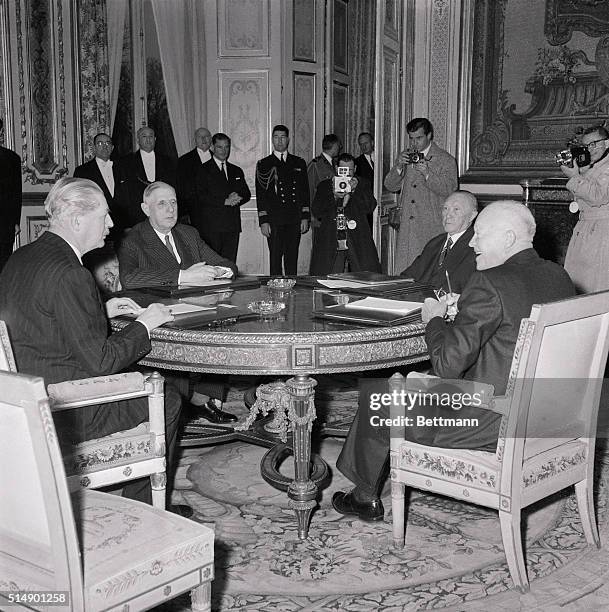 Western Big Four leaders meet at the Elysee Palace 12/19. Seated are: British Prime Minister Harold MacMillan; French President Charles de Gaulle;...