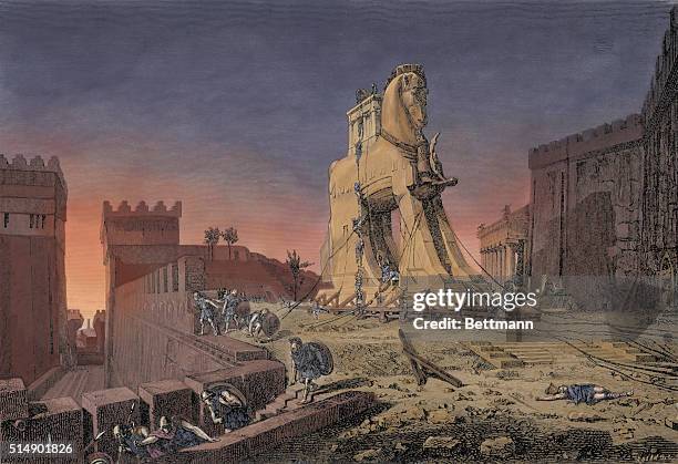 Engraving After The Trojan Horse by Henri Paul Motte.