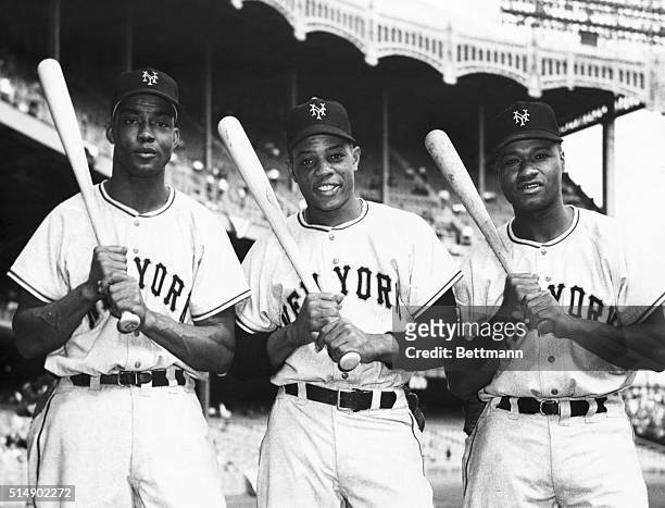 Yanks Vs. Giants - Second Of Series. Here is the first all-Negro outfield in World Series history; ; Monte Irvin, Willie Mays and Henry Thompson, all...