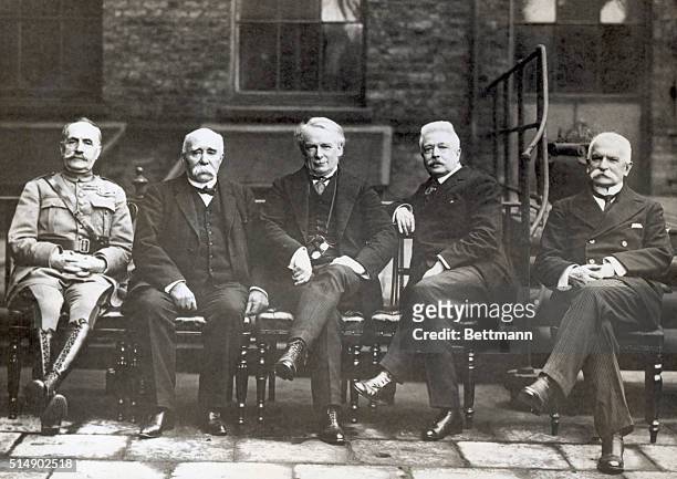 London, England- An exclusive photograph of the premiers of the Allied countries with Marshal Ferdinand Foch and Italian Foreign Secretary Sonnino in...