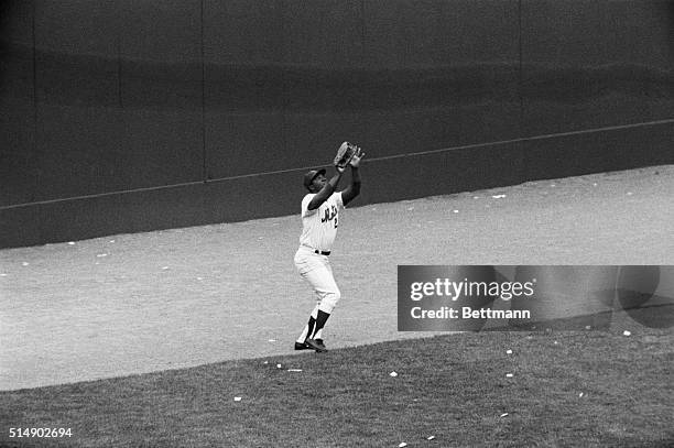 Mets left fielder Cleon Jones catches Dave Johnson's fly ball to record the final out of the 1969 World Series. The New York Mets defeated the...