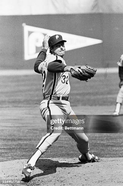 Philadelphia Phillies player Steve Carlton pitching against the New York Mets on April 5, 1983.