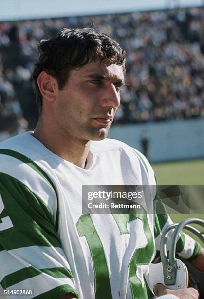 New York, NY: Joe Namath, new rookie quarterback of the New York Jets, posing for close up photograph, his passing made the Jets anxious to sign him...