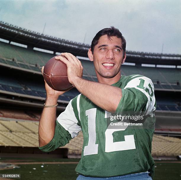 New York, NY: Joe Namath, new rookie quarterback of the New York Jets, shows his passing style which made the Jets anxious to sign him after...