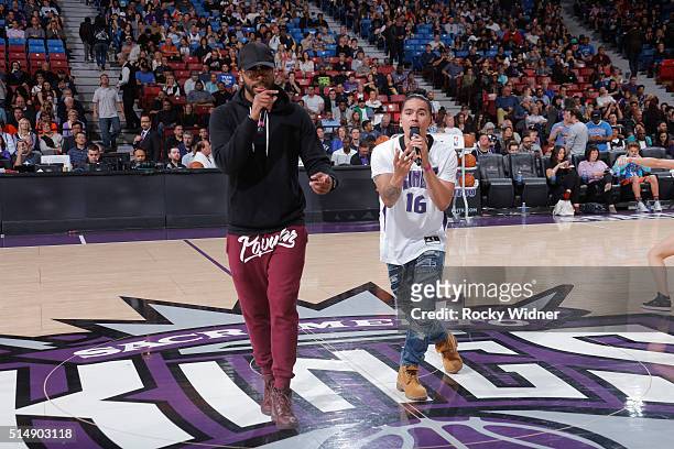 Singer, Adrian Marcel and rapper Sage the Gemini perform during the game between the Oklahoma City Thunder and Sacramento Kings on February 29, 2016...
