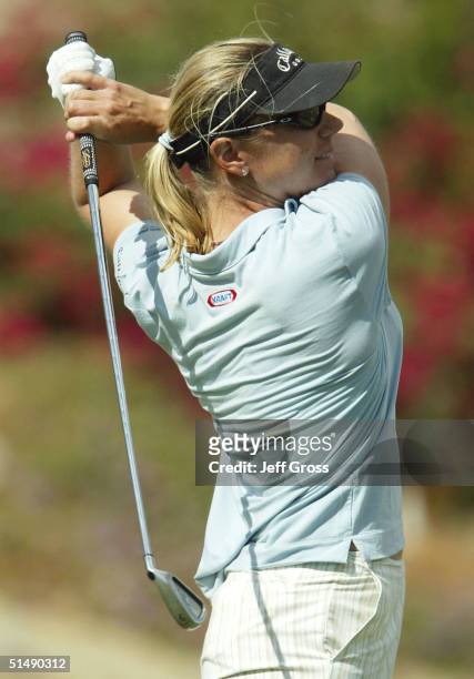 Annika Sorenstam of Sweden hits a tee shot on the 13th hole during the final round of the LPGA Samsung World Championship on October 17, 2004 at the...