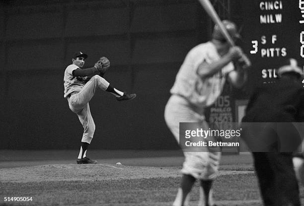 Philadelphia, PA: King of the Mount Sandy Koufax of the Los Angeles Dodgers knocks off the last of the Phillies' batters during the game here 6/6. In...