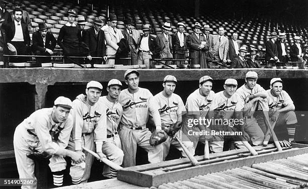 Detroit, MI: Pictured in a dugout at Navin Field are the St. Louis Cardinals players who will most likely play in the opening series game against the...