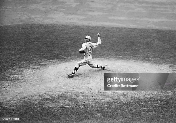 Action shot of Dizzy Dean pitching for the St. Louis Cardinals against the Detroit Tigers in the 1934 World Series.