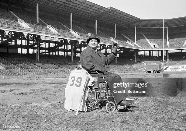 Brooklyn, NY: Alone on the playing field that once echoed with cheers for him and other Dodger stars, Roy Campanella sits in his wheelchair at Ebbets...