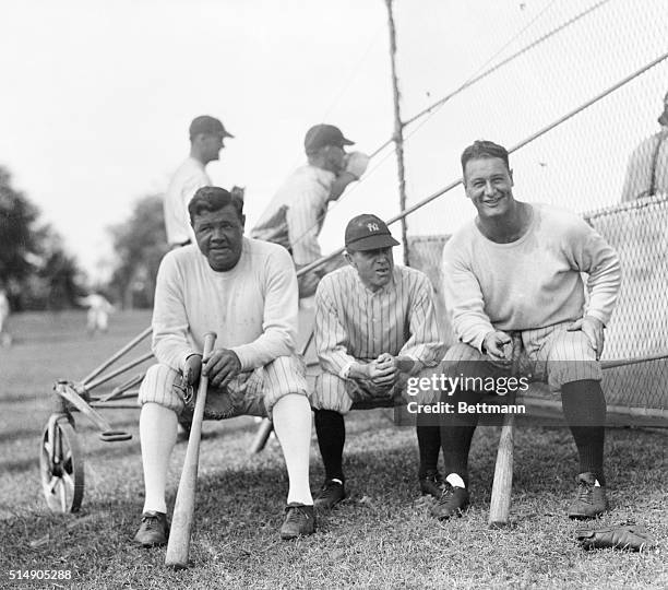 St. Petersburg, Florida: Babe Ruth, Miller Huggins and Lou Gehrig, the big three of the New York Yankees, as they appeared at spring training camp...