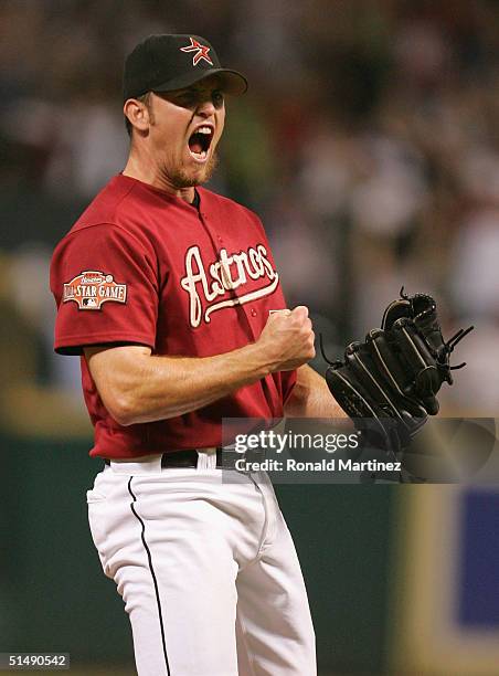 Brad Lidge of the Houston Astros reacts after defeating the St. Louis Cardinals in game four of National League Championship Series during the 2004...