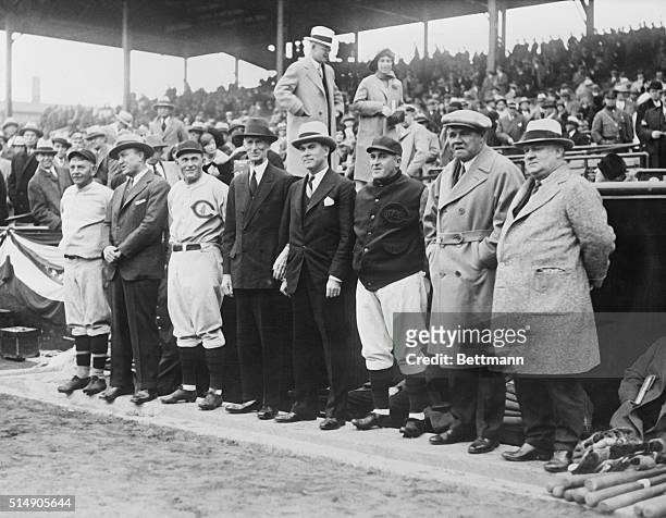 Left to Right: Nick Altrock of Senators, Ty Cobb, Rogers Hornsby, Connie Mack, Christy Walsh, Manager Joe MacCarthy, Babe Ruth, and John McGraw.