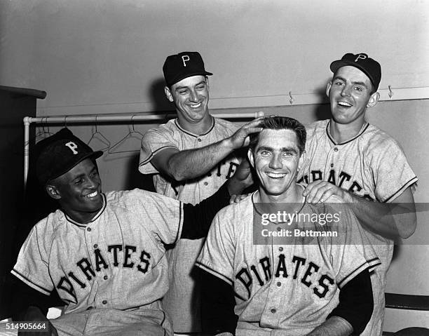 Chicago, IL: Jubilant members of the Pittsburgh Pirates celebrate in dressing room here 6/6 after beating the Cubs, 8-2, to retain their slim lead as...