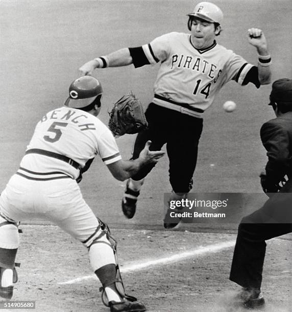 Cincinnati, OH: Pirates' Ed Ott is out at home as he attempts to score in the 7th inning on Omar Moreno's hit to left field. A throw from Reds' Joe...