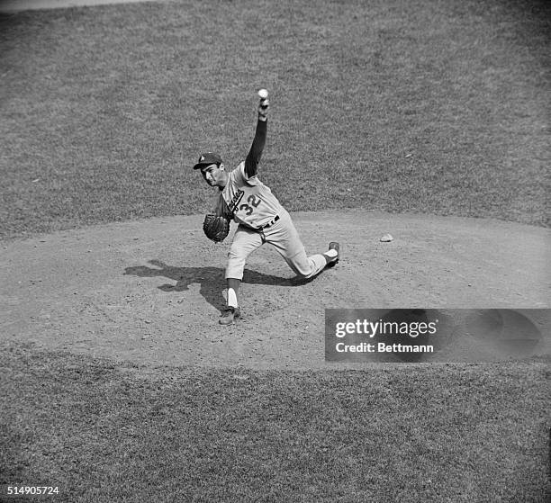 New York, NY: Sandy Koufax pitching for win, against the New York Mets at the Polo Grounds.