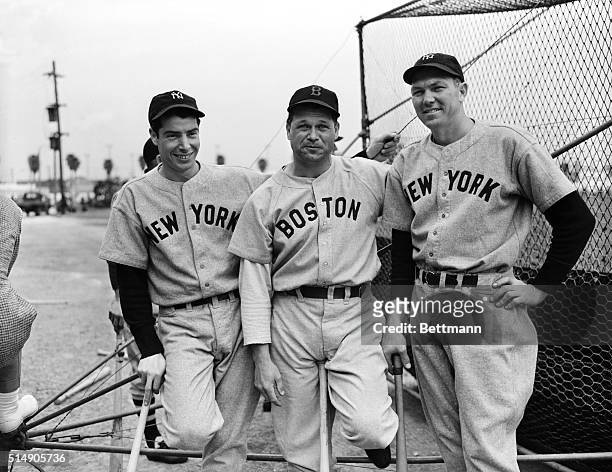 Portrait of Joe DiMaggio, Jimmy Foxx and Bill Dickey in Florida at the all-star game for Finnish relief.