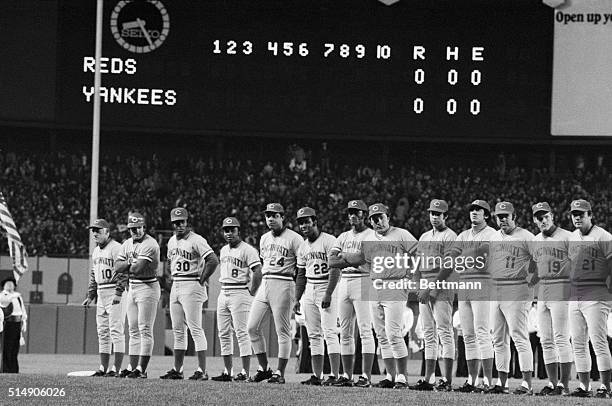 New York, NY- Needing just one more victory over the Yankees to repeat as World Champions are the Cincinnati Reds. Pictured are: manager Sparky...