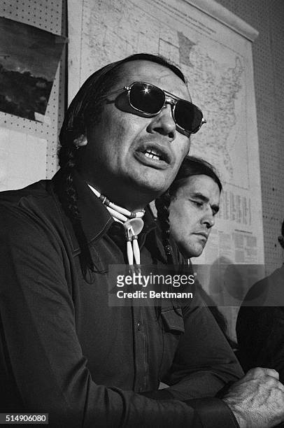 Minneapolis, 18th October 1973: American Indian Movement leader Russell Means tells newsmen 18th October of AIM's Pedro Bissonette, who was shot and...
