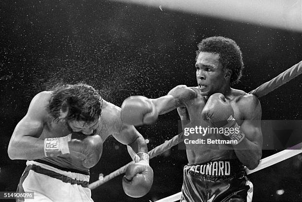 New Orleans, LA: Sugar Ray Leonard sends the perspiration flying as he hits Roberto Duran with a hard right hand during the 6th round of their...