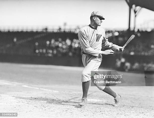 Walter Johnson of the Washington Senators is shown batting. Undated photograph.