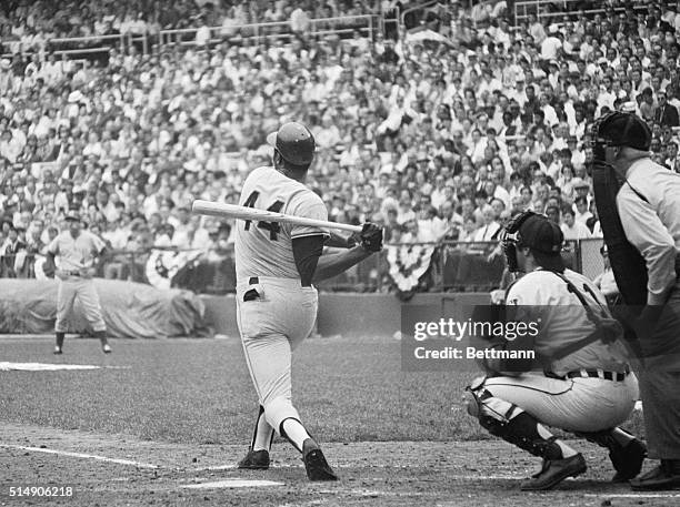 Washington-ORIGINAL CAPTION READS: Willie McCovey, Giants returns to the National League dugout and congratulations from teammates after hitting his...