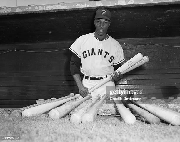 San Francisco, CA: Willie "Stretch" McCovey lines up his artillery, including "Genuine McCovey Louisville Slugger" bats, as he gets ready for another...