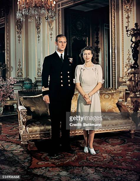 Princess Elizabeth stands with fiancee Lieutenant Philip Mountbatten, Prince of Greece and Denmark.