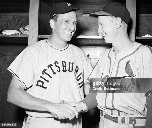 Chicago,IL- Ralph Kiner , Pittsburgh Pirates slugger and Al Schoendienst of the St. Louis Cardinals congratulate each other for their home runs which...