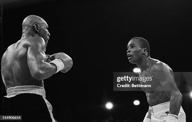 Las Vegas, NV: Sugar Ray Leonard taunts Marvin Hagler during the middleweight title bout.